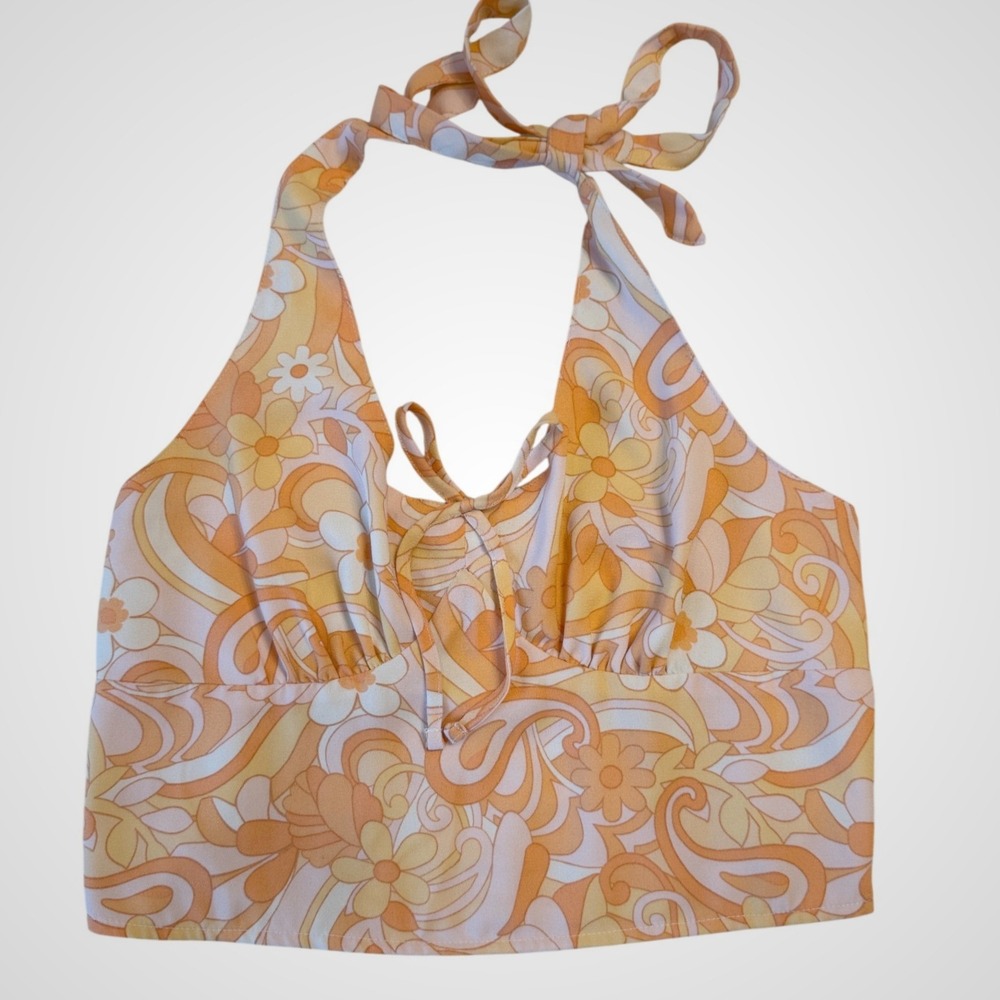 Hollister Retro Floral Halter Crop Top Orange Peach Smocked Back Large